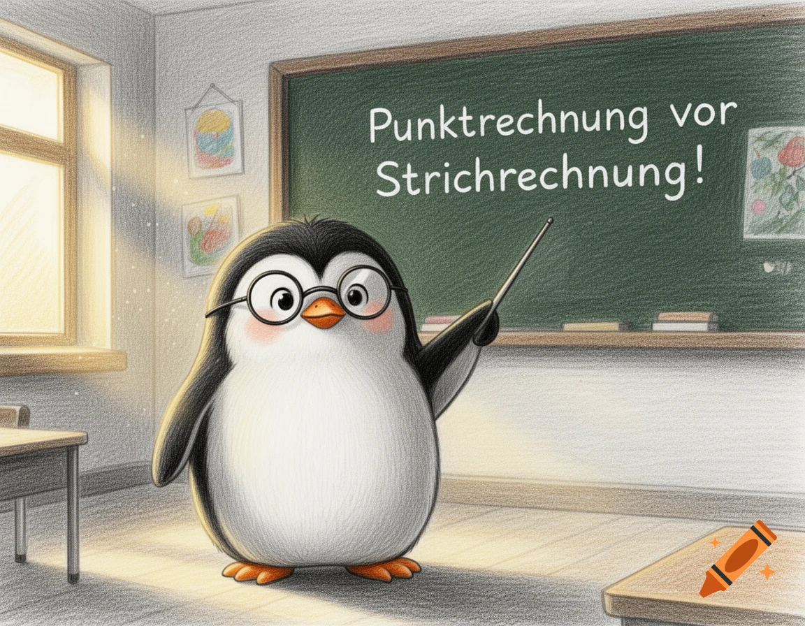 Colored pencil drawing of a cute penguin wearing glasses, standing in a classroom and pointing at a chalkboard with German text.