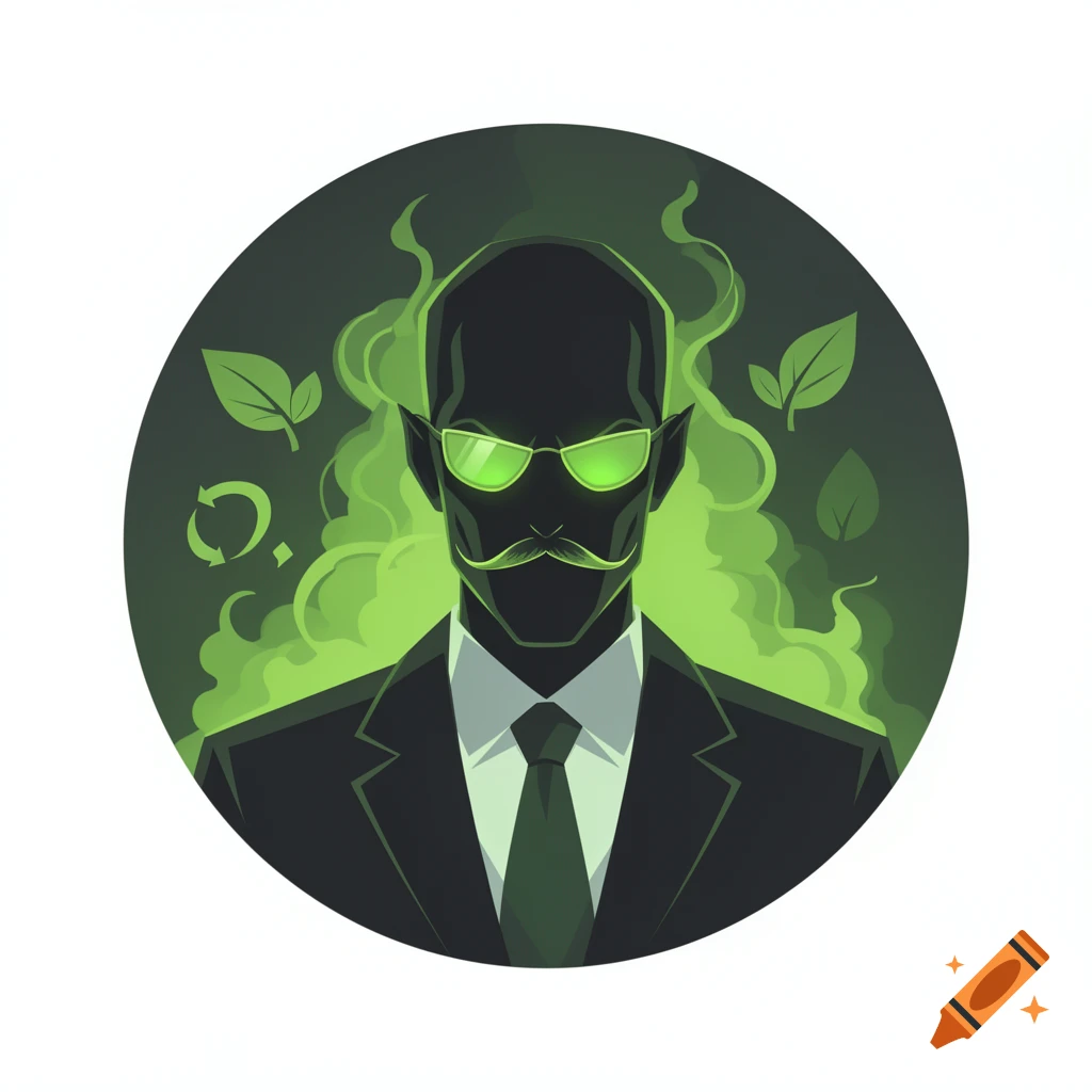 Digital illustration of a shadowy corporate villain in a suit and green sunglasses surrounded by green smoke and leaves.