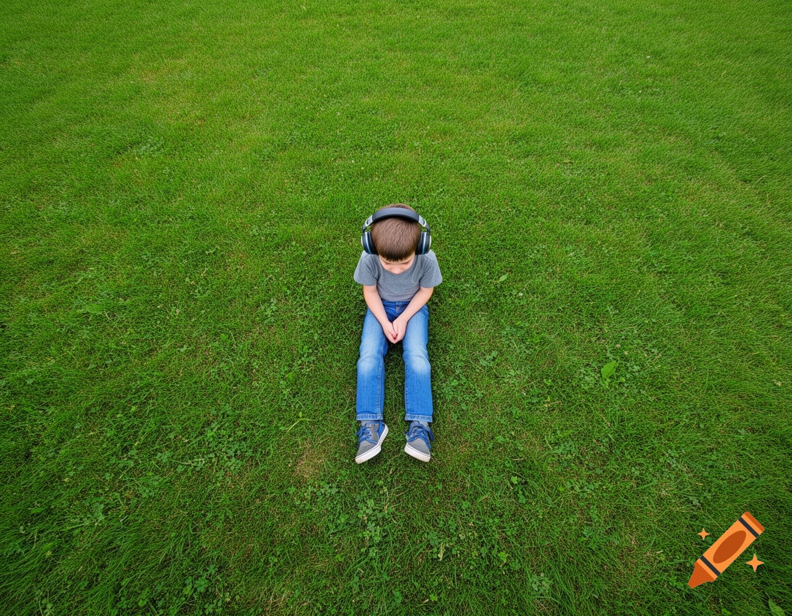 High-angle photorealistic shot of a young boy wearing headphones while sitting alone on green grass.