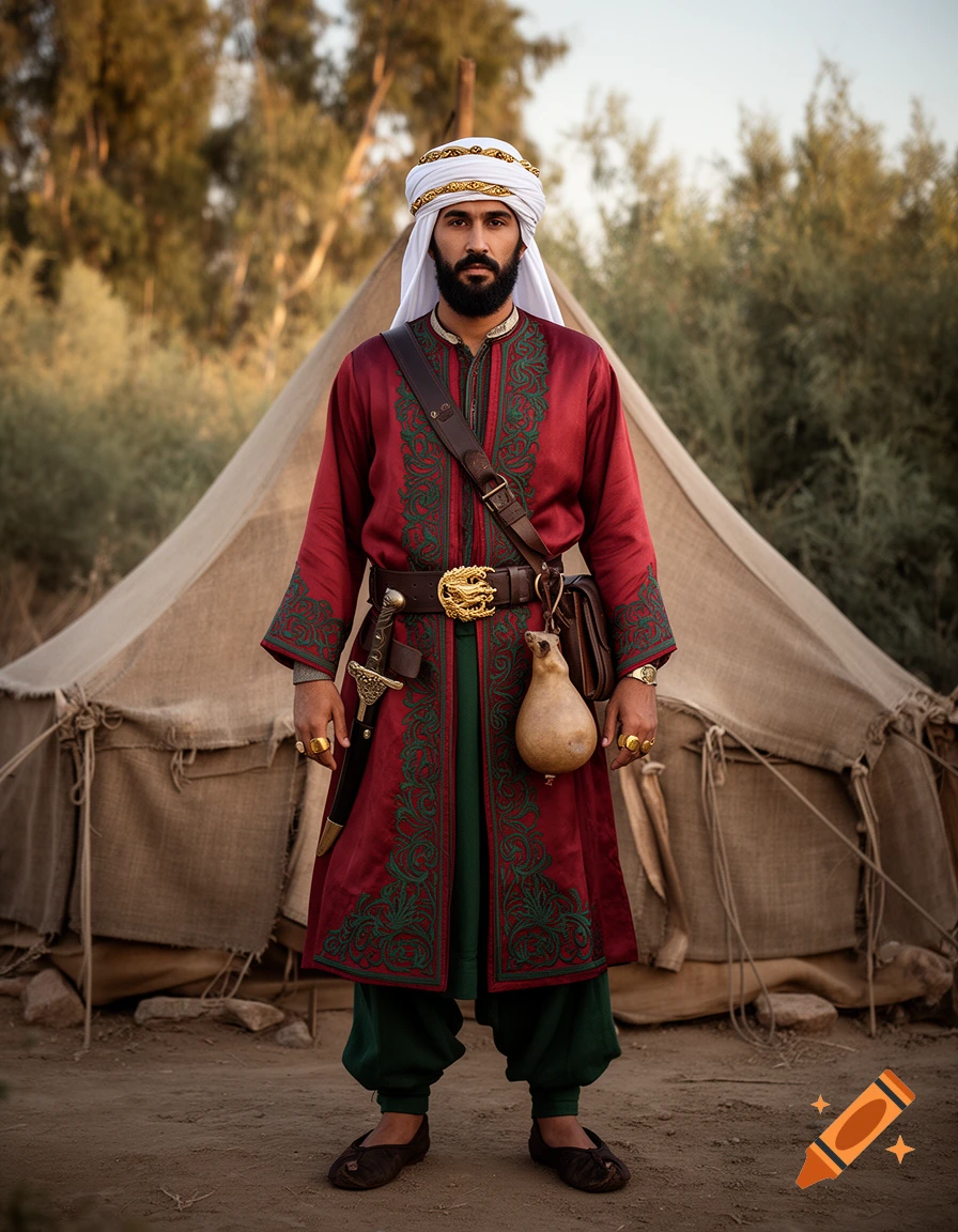 Photorealistic portrait of a medieval Saracen medic in a red silk robe and white turban standing before a tent.
