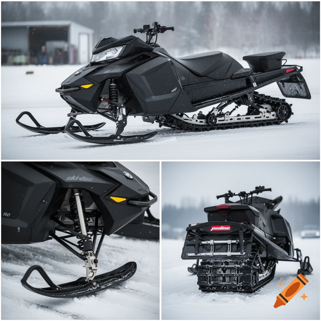 Photorealistic composite image showing a customized all-black Ski-Doo snowmobile from different angles in the snow.