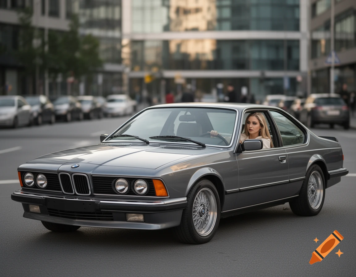 Photorealistic image of a woman driving a vintage gray BMW e24 635csi on a city street.
