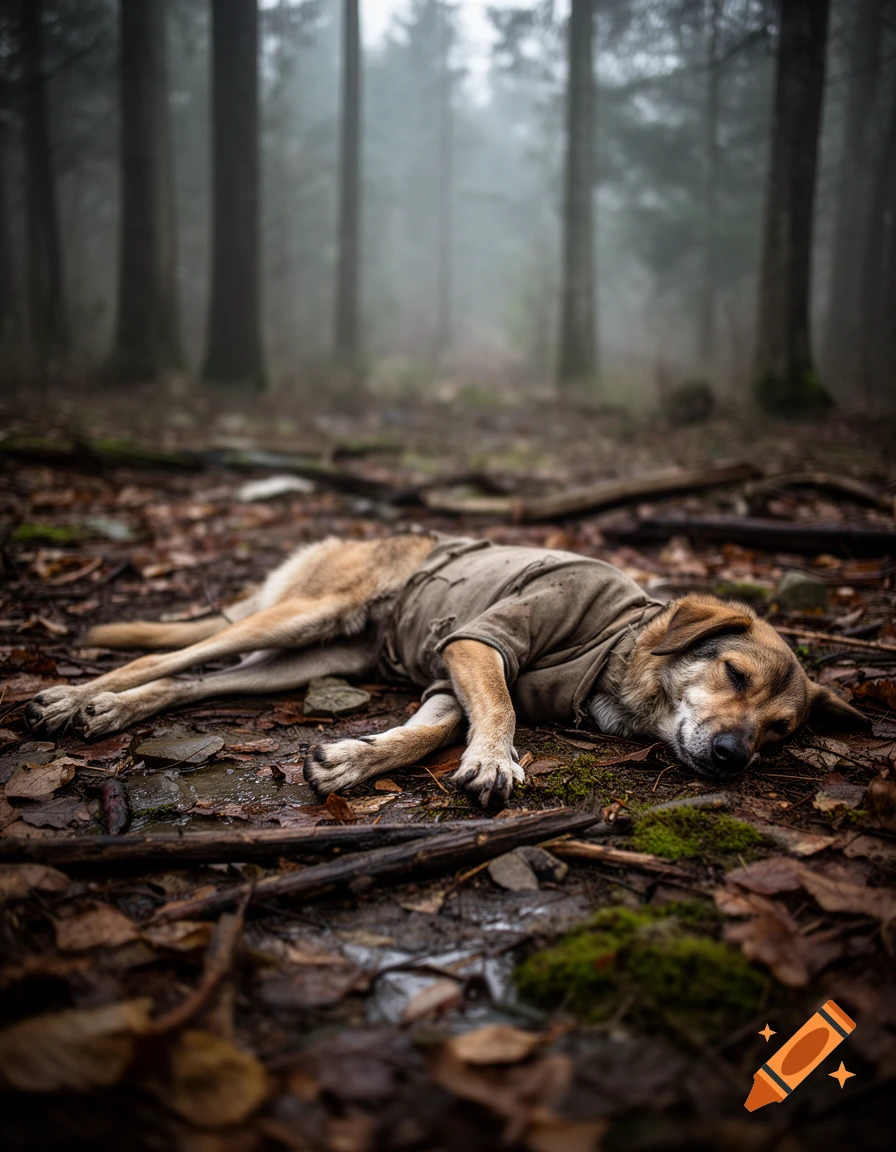 Photorealistic image of a sleeping humanoid dog wearing a tattered shirt on the forest floor surrounded by leaves and fog.