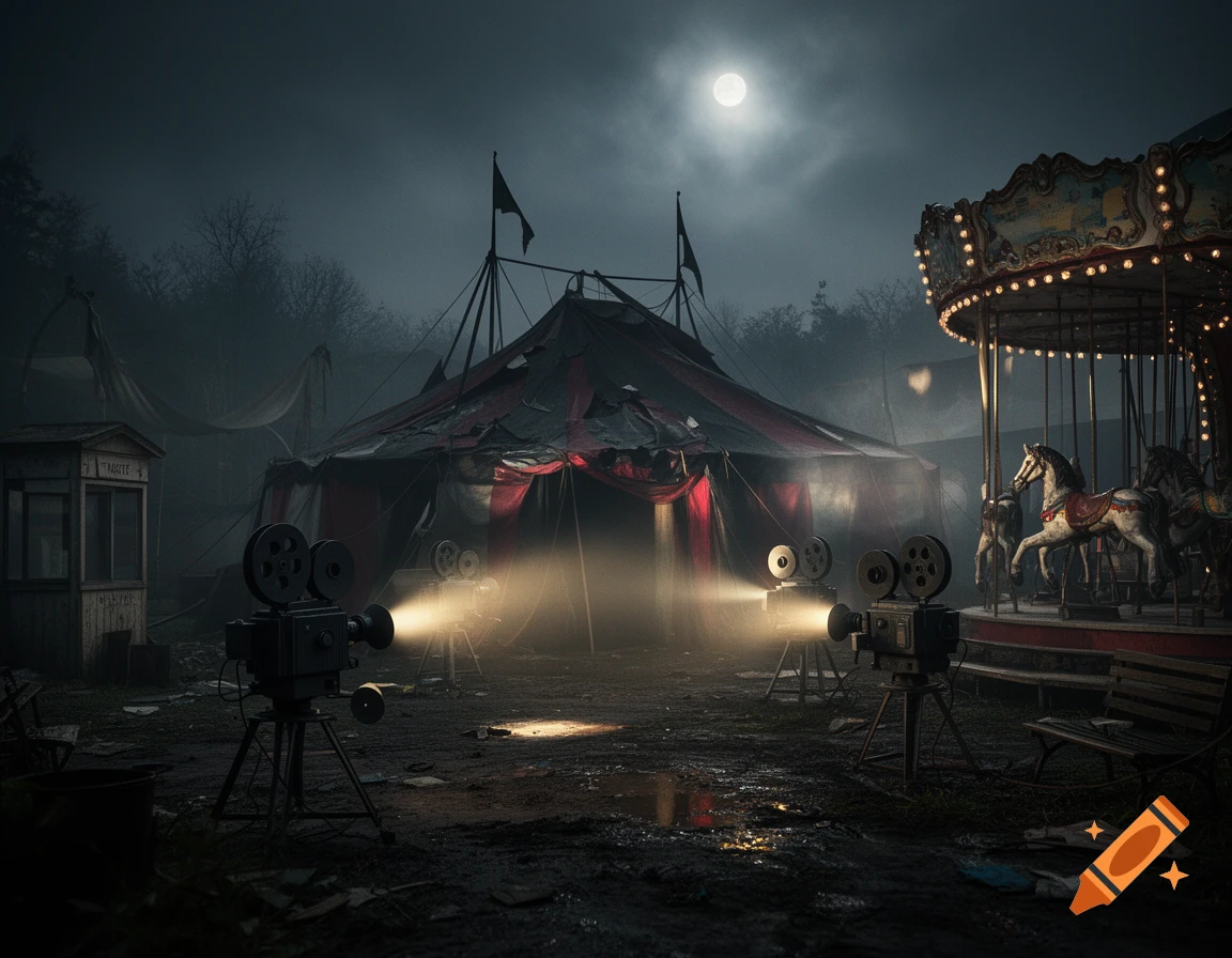 Photorealistic dark and scary circus scene at night with vintage film projectors in the foreground and a carousel under a full moon.