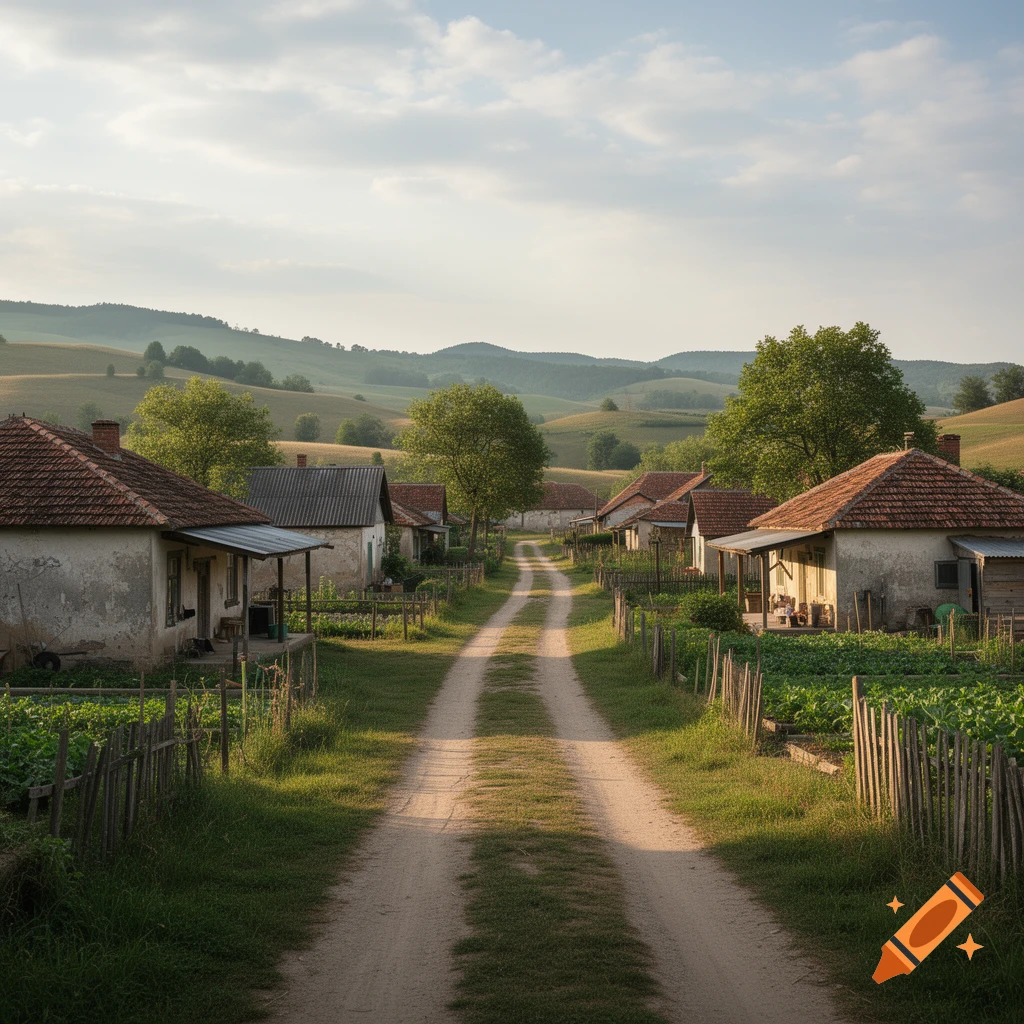 Photorealistic view of a dirt road leading through a small rural village with traditional houses and rolling hills in the background.