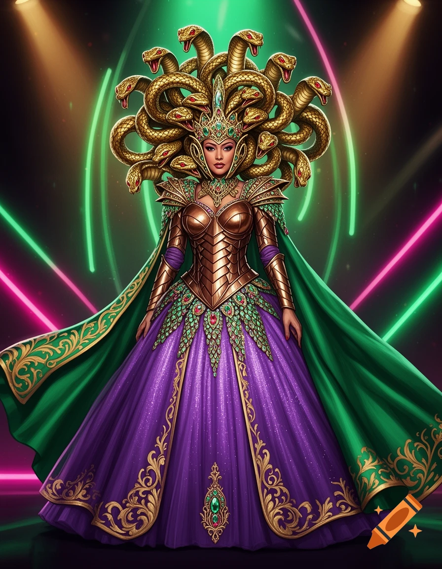A glamorous fantasy costume of Queen Medusa with an oversized golden snake helmet and a purple and green ballgown, digital art.