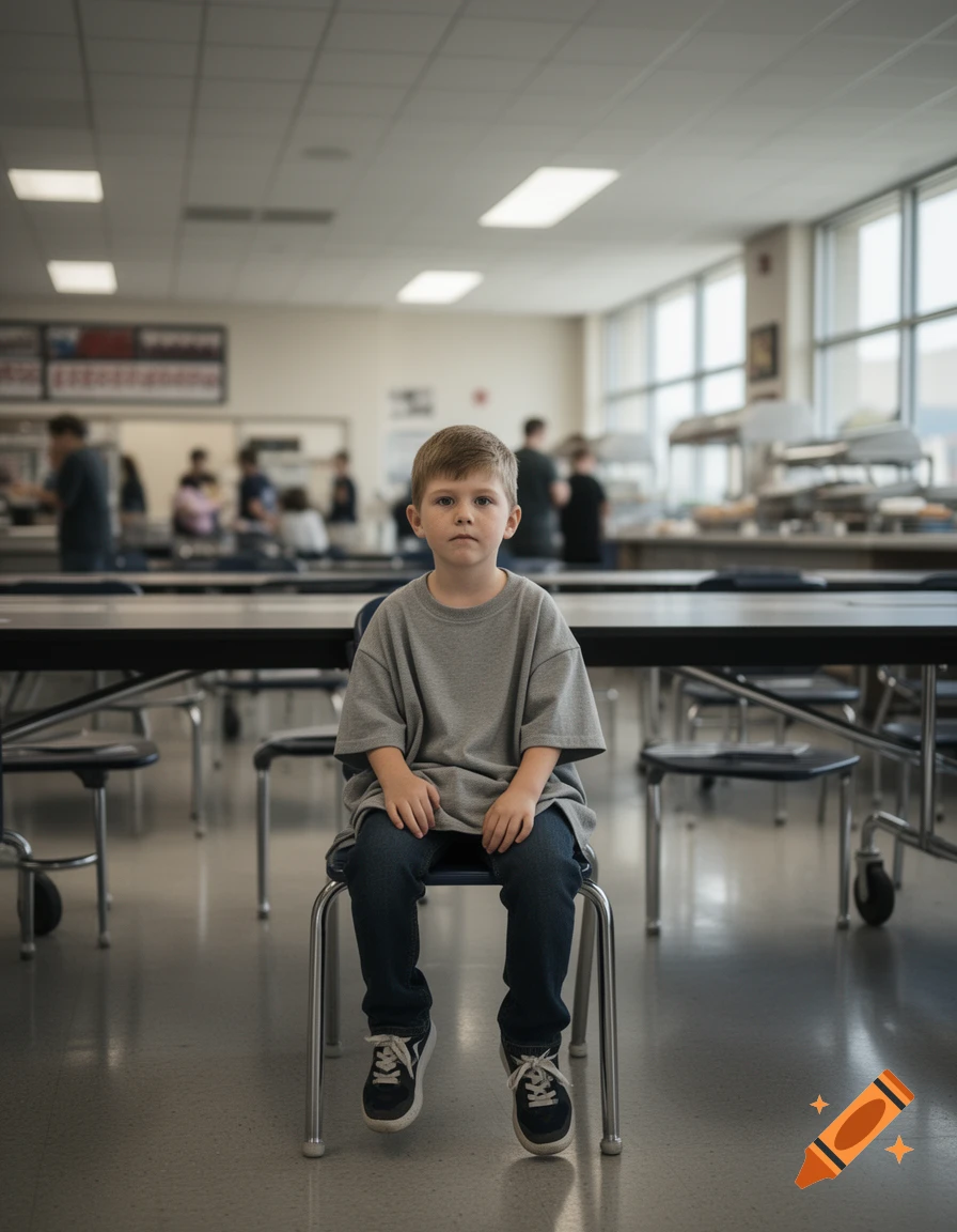 Photorealistic image of a 5-year-old boy sitting alone on a chair in a large high school cafeteria.