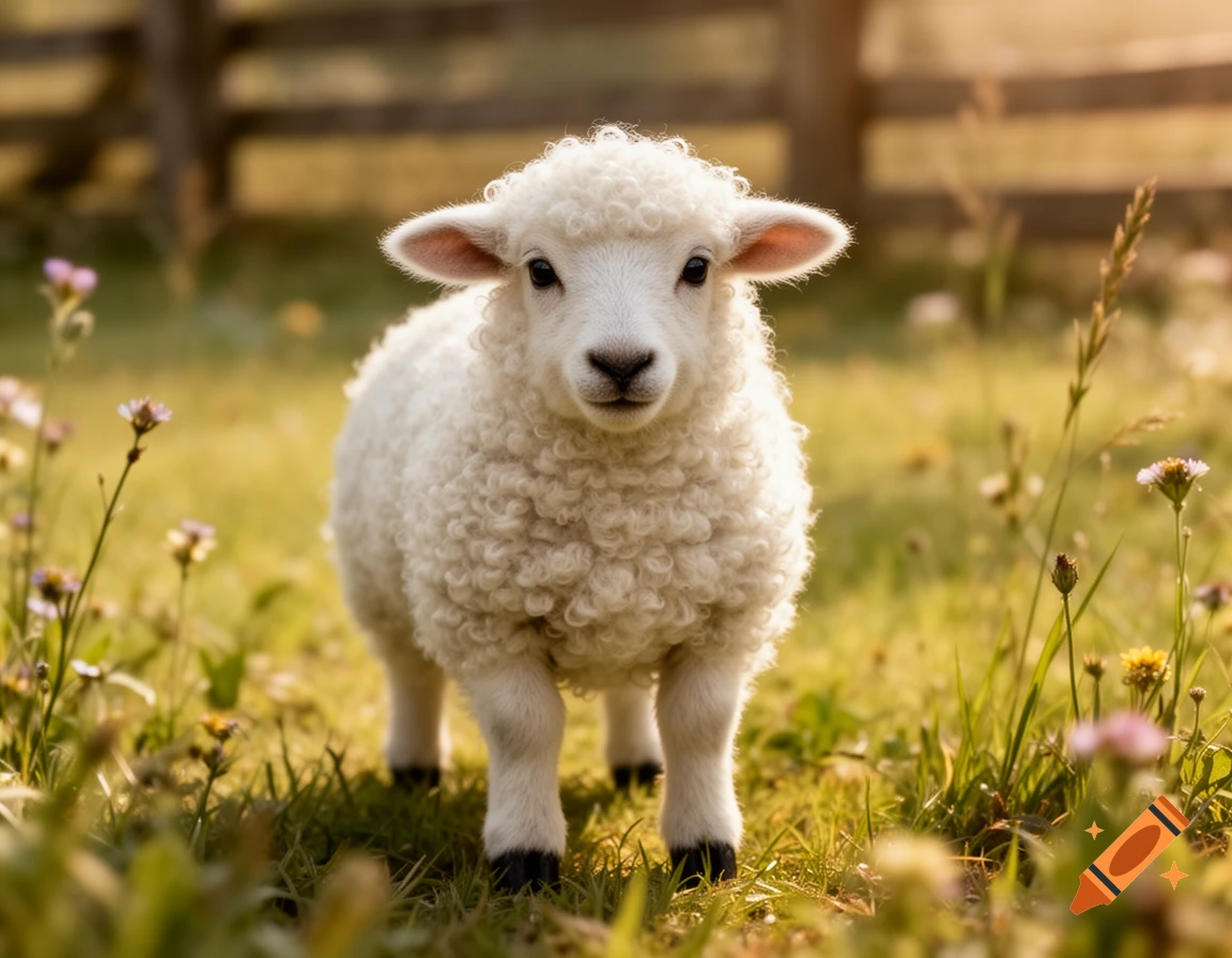 A photorealistic, cute mini sheep standing in a grassy meadow with wildflowers and a wooden fence in the background.