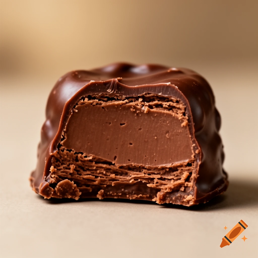 Close-up photorealistic shot of a bitten chocolate candy showing a creamy center and layered texture.