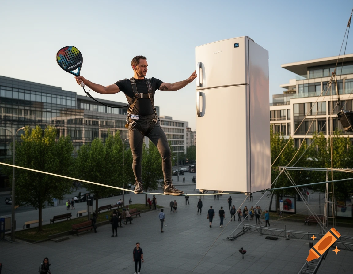 A tightrope walker balances on a rope in a city square, holding a paddle and a large refrigerator.