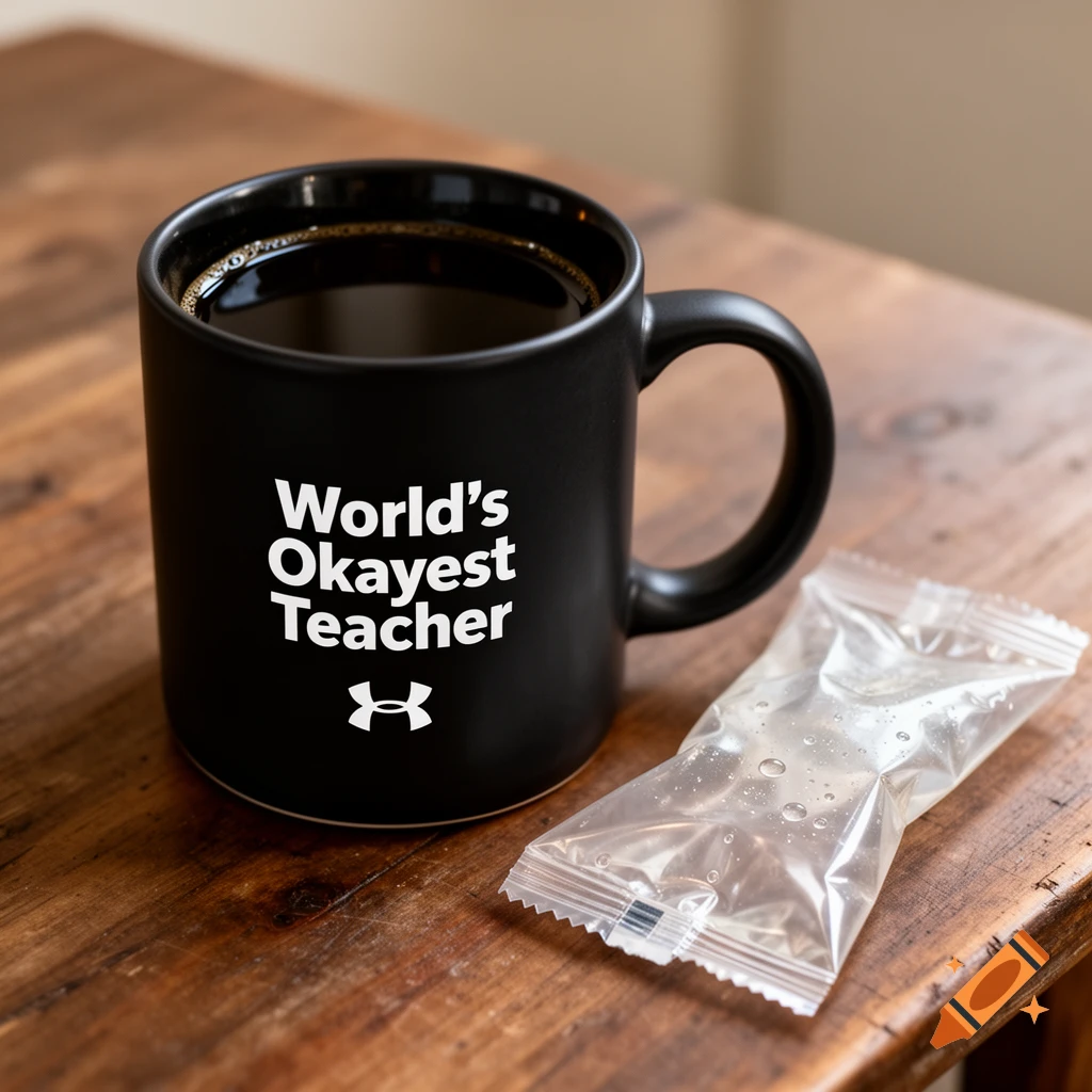 Close-up photorealistic image of a black coffee mug with the text World's Okayest Teacher and a jelly packet on a wooden table.