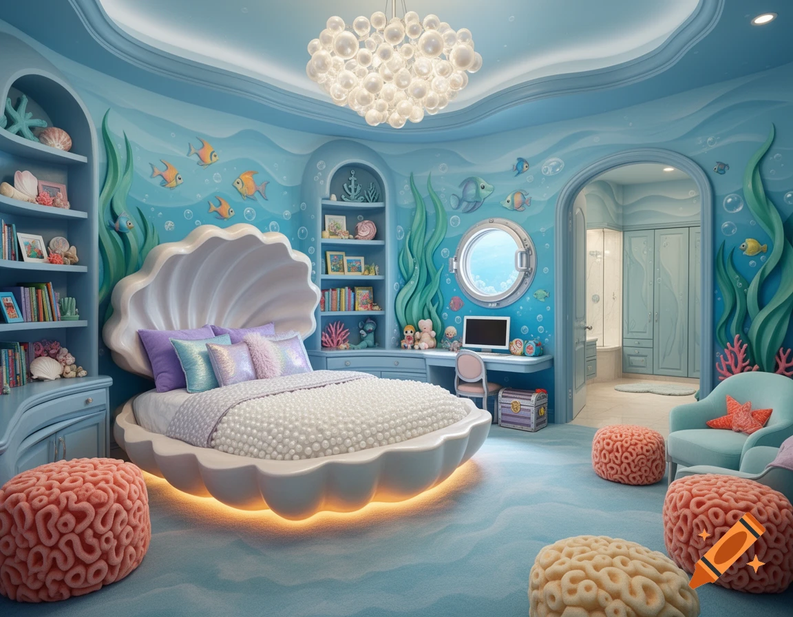 An underwater-themed toddler bedroom featuring a giant clamshell bed, coral-shaped ottomans, built-in bookcases, and sea-inspired decor in pastel blue.
