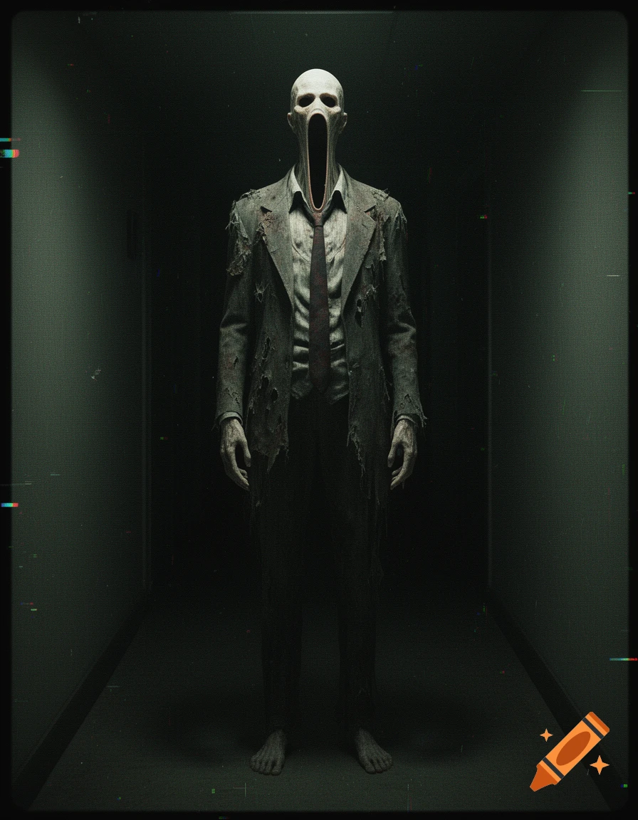 A tall emaciated figure in a tattered 1920s suit with an open void mouth standing in a dark hallway, analog horror photograph.