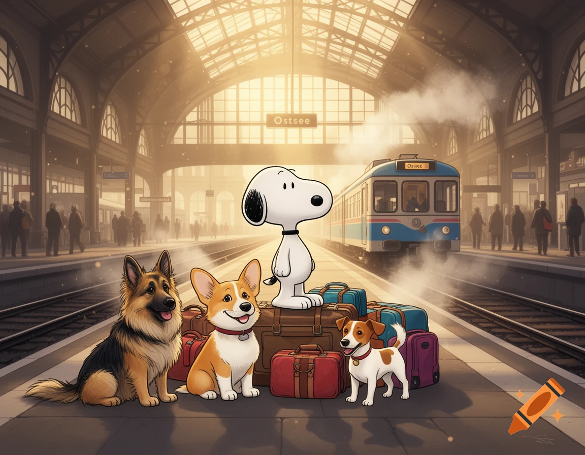 Snoopy standing on luggage with three dogs at a train station platform, digital illustration style