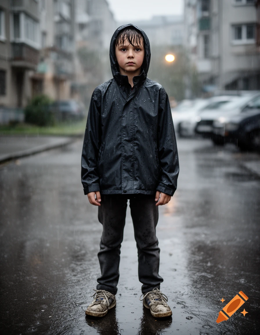 Photorealistic portrait of a young boy in a black rain jacket standing outdoors in the rain.