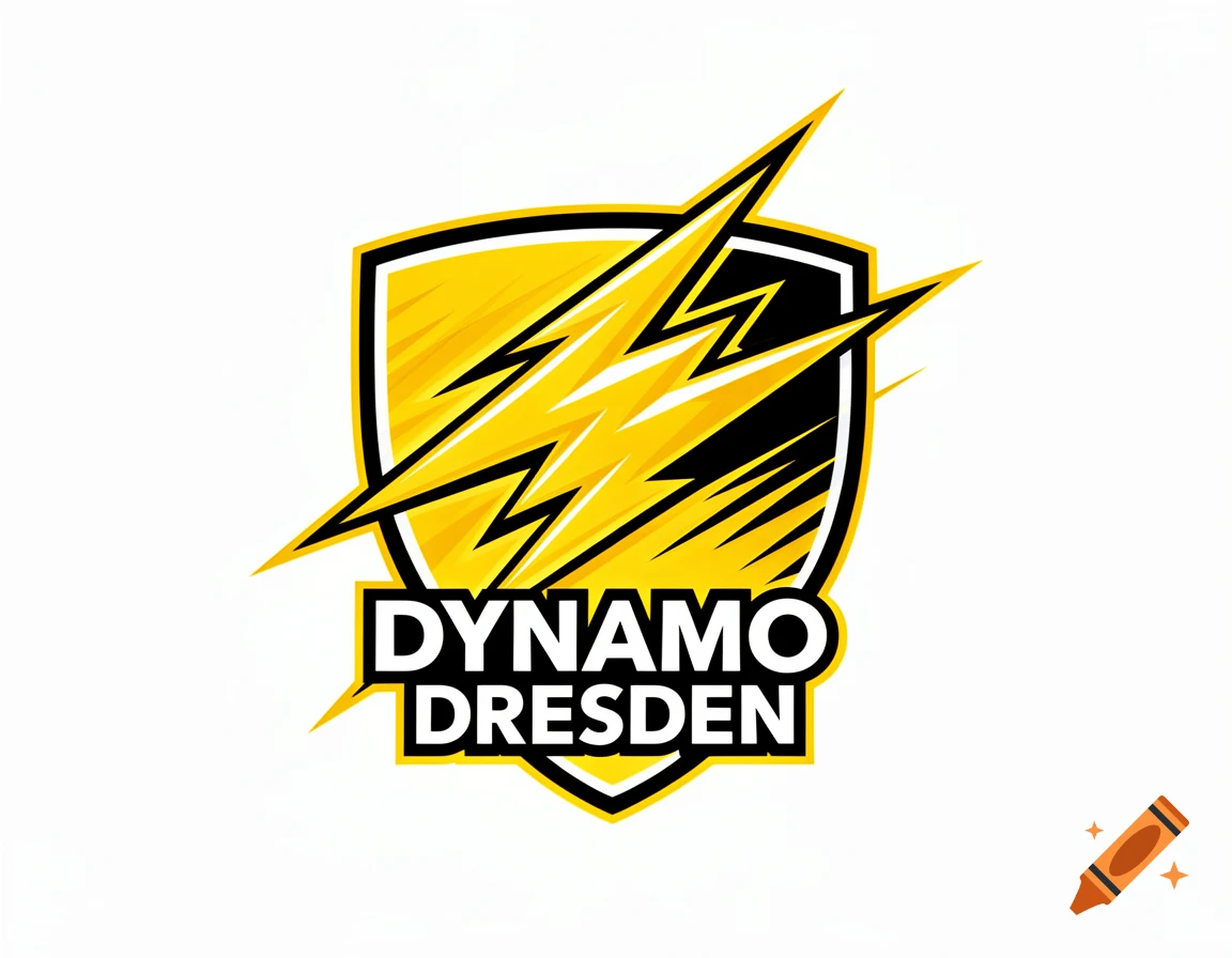 Logo of Dynamo Dresden with a yellow shield and lightning bolts, featuring black and white text.