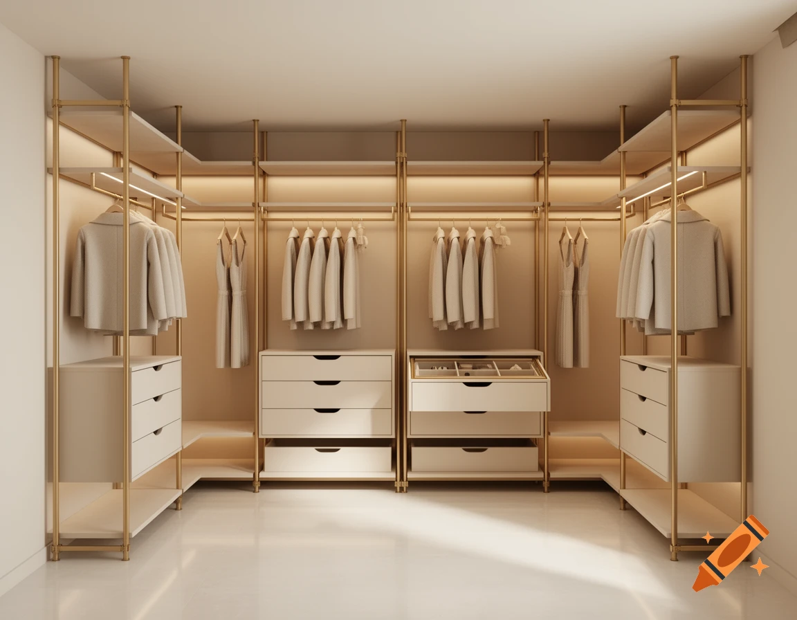 Photorealistic walk-in closet with U-shaped gold metal frame, cashmere panels, shelves, clothes racks, and drawers.