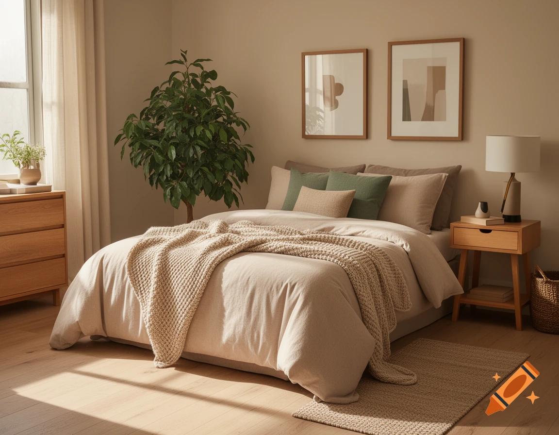 Photorealistic cozy modern bedroom with neutral beige tones, wooden furniture, a large houseplant, and framed art on the wall.