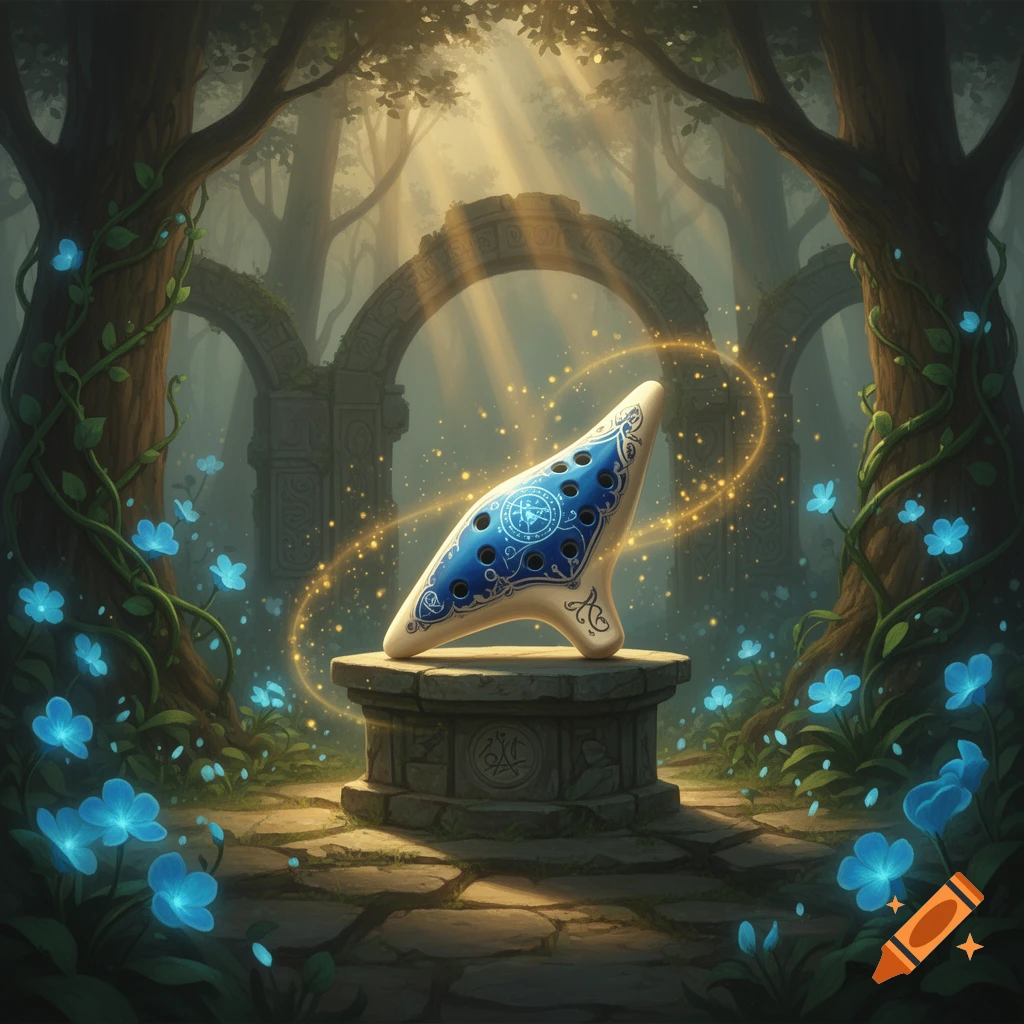 An ornate blue and white ocarina resting on a stone pedestal in a magical forest surrounded by glowing blue flowers, digital art.