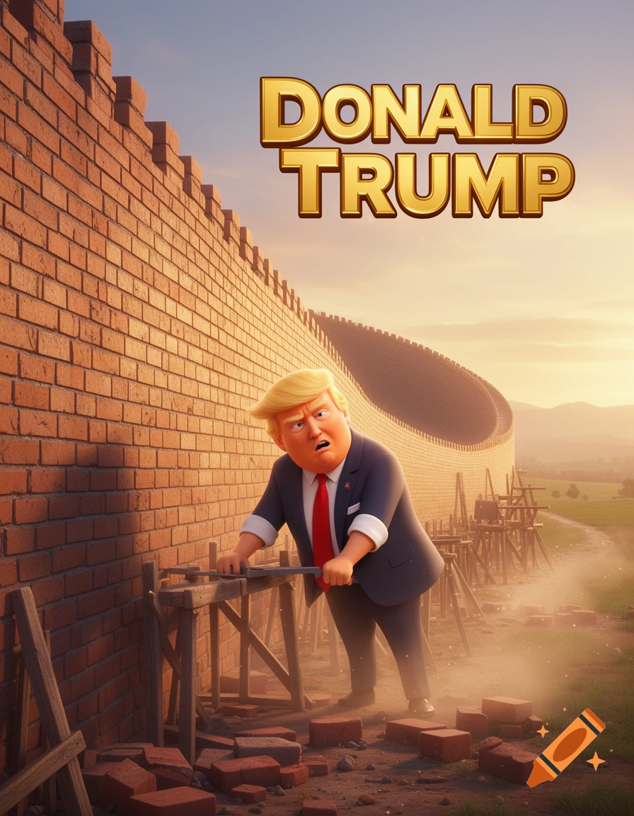 3D animated style poster of Donald Trump building a brick wall with the text 'DONALD TRUMP' above.