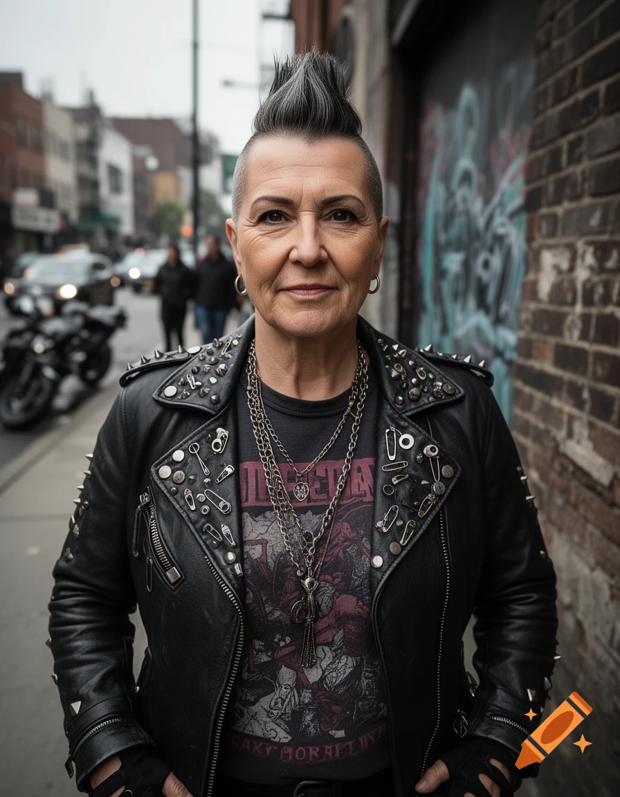 Photorealistic portrait of a mature punk woman with a mohawk, wearing a studded leather jacket and chains, standing on a city street.