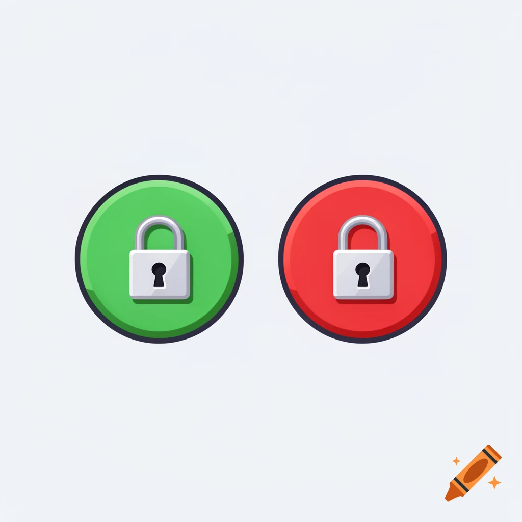 two round game buttons, one green with a white unlocked padlock and one red with a locked padlock