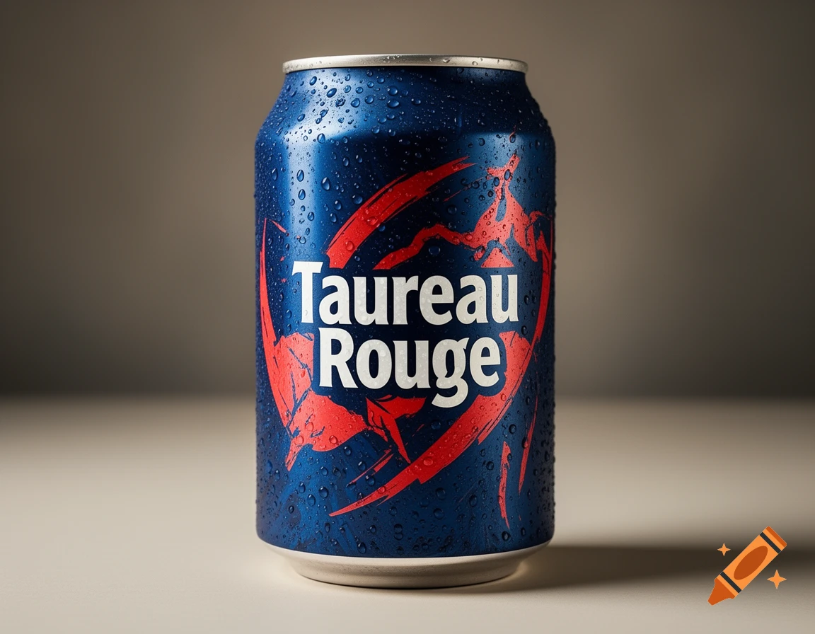 Photorealistic blue soda can covered in water droplets with the text Taureau Rouge on the side.
