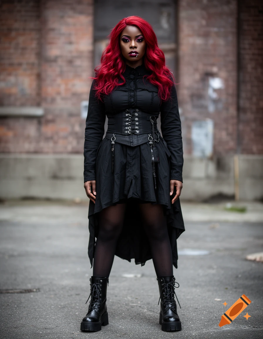 Photorealistic full-body portrait of an African-American goth girl with vibrant red hair, black boots, stockings, and a pierced lip.