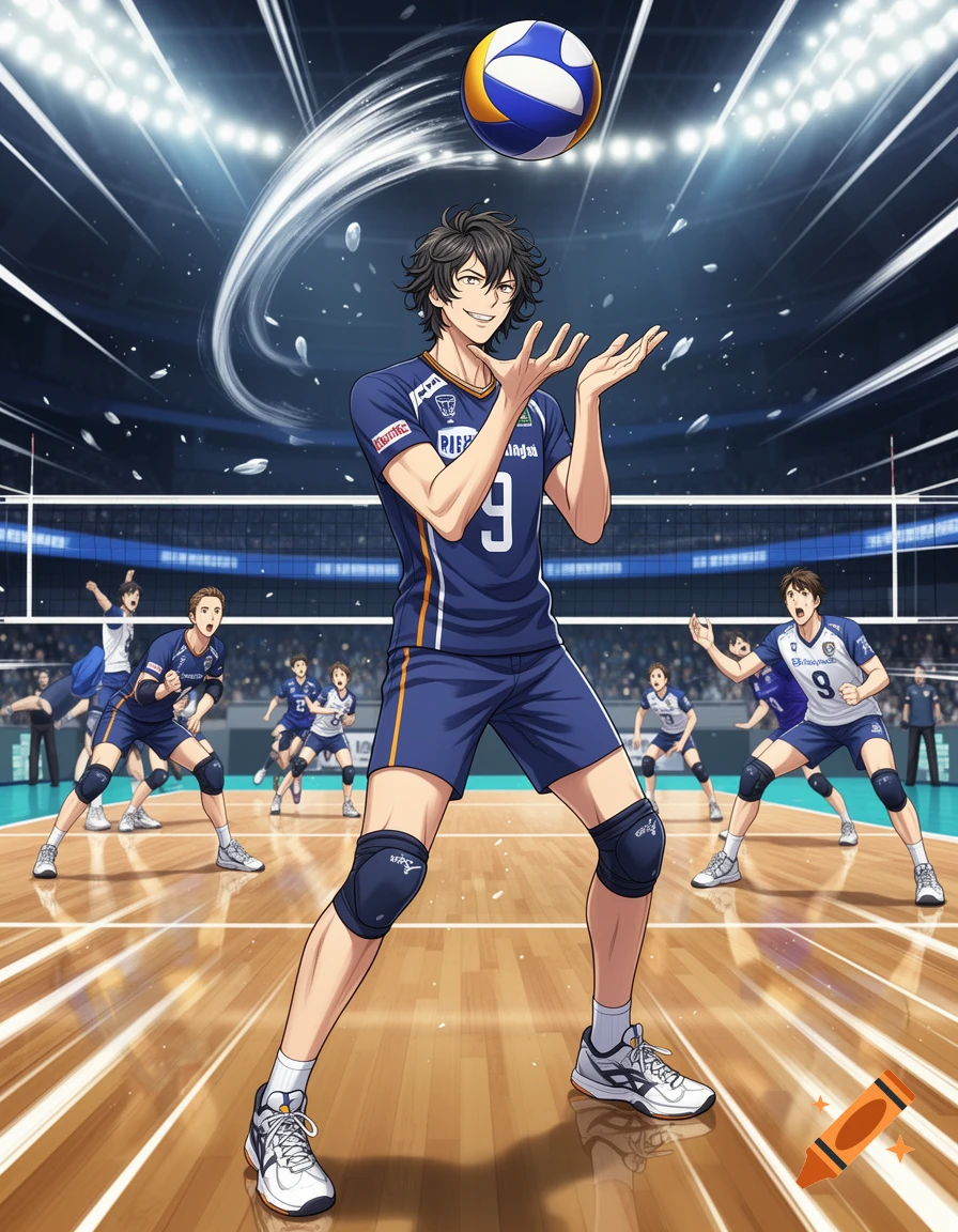 Anime illustration of a male volleyball player in a blue uniform setting a ball in a crowded arena.