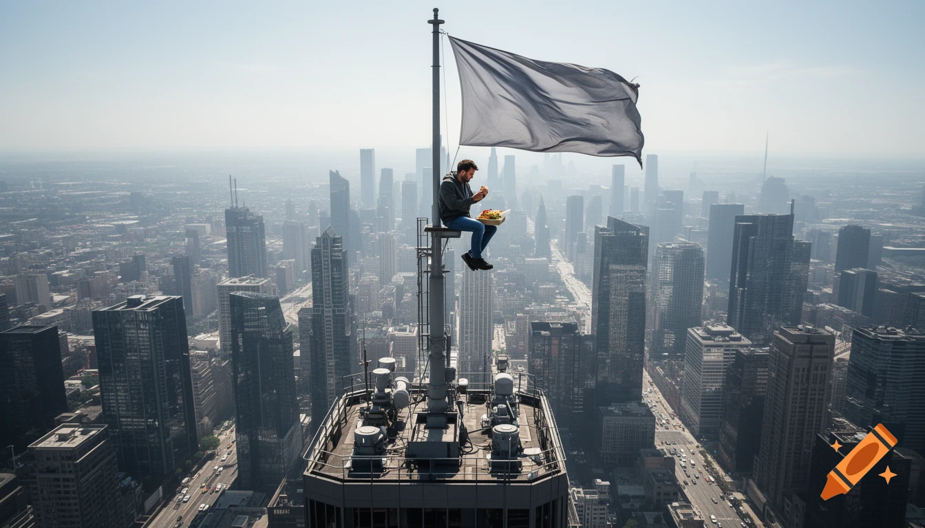 Photorealistic image of a man sitting on a flagpole atop a tall skyscraper, eating lunch overlooking a sprawling city.