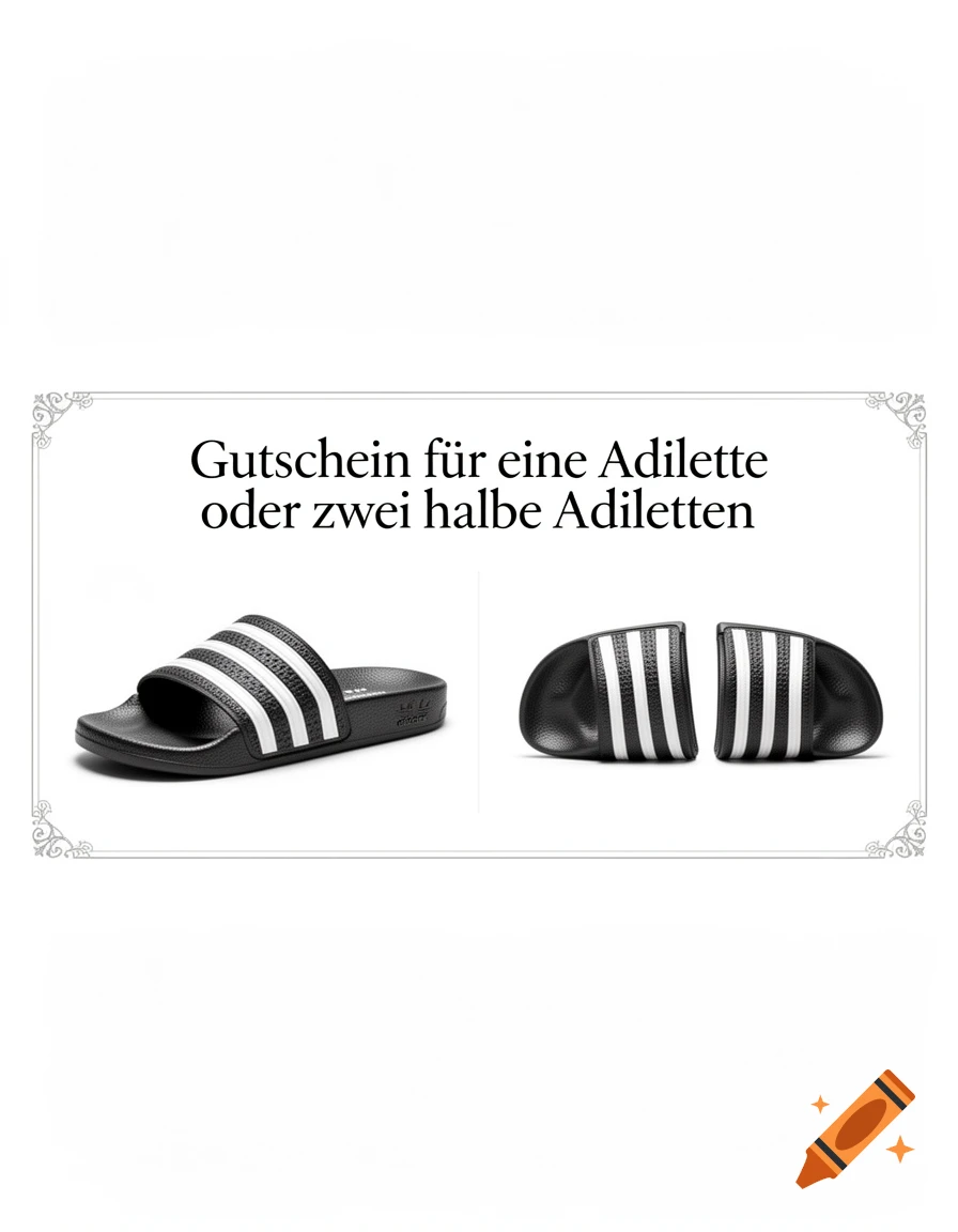 Voucher showing one black and white Adidas Adilette slide next to two halved slides with German text.