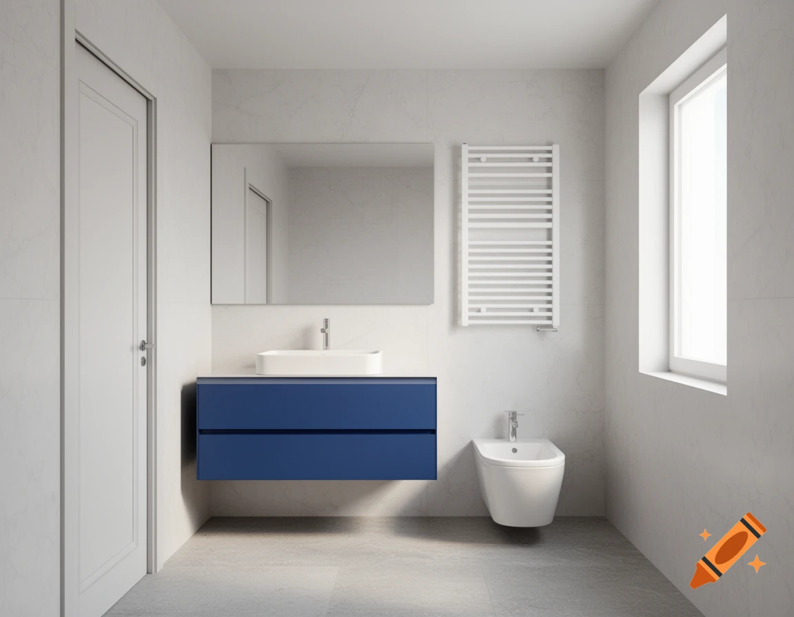 Photorealistic 3D architectural rendering of a modern bathroom with a blue vanity unit, white basin, and bidet.