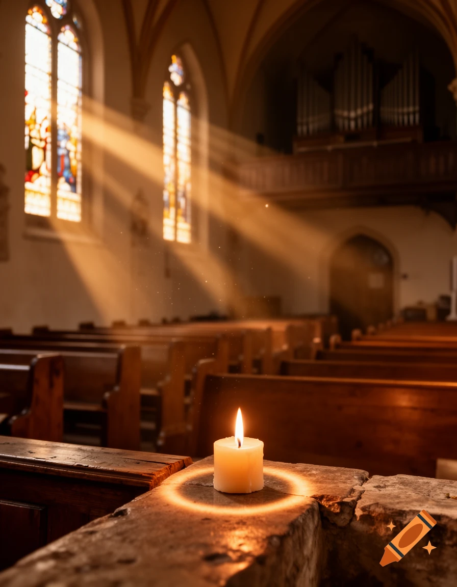 Photorealistic view inside an empty church at sunset, featuring a glowing candle in the foreground and light streaming through stained glass windows.