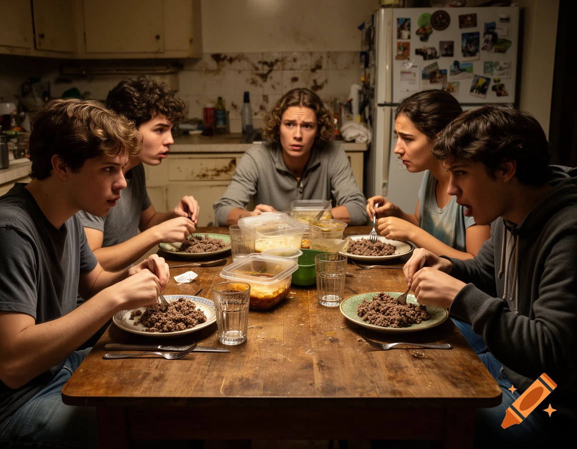 Five young people eating ground beef at a wooden table in a dimly lit kitchen.