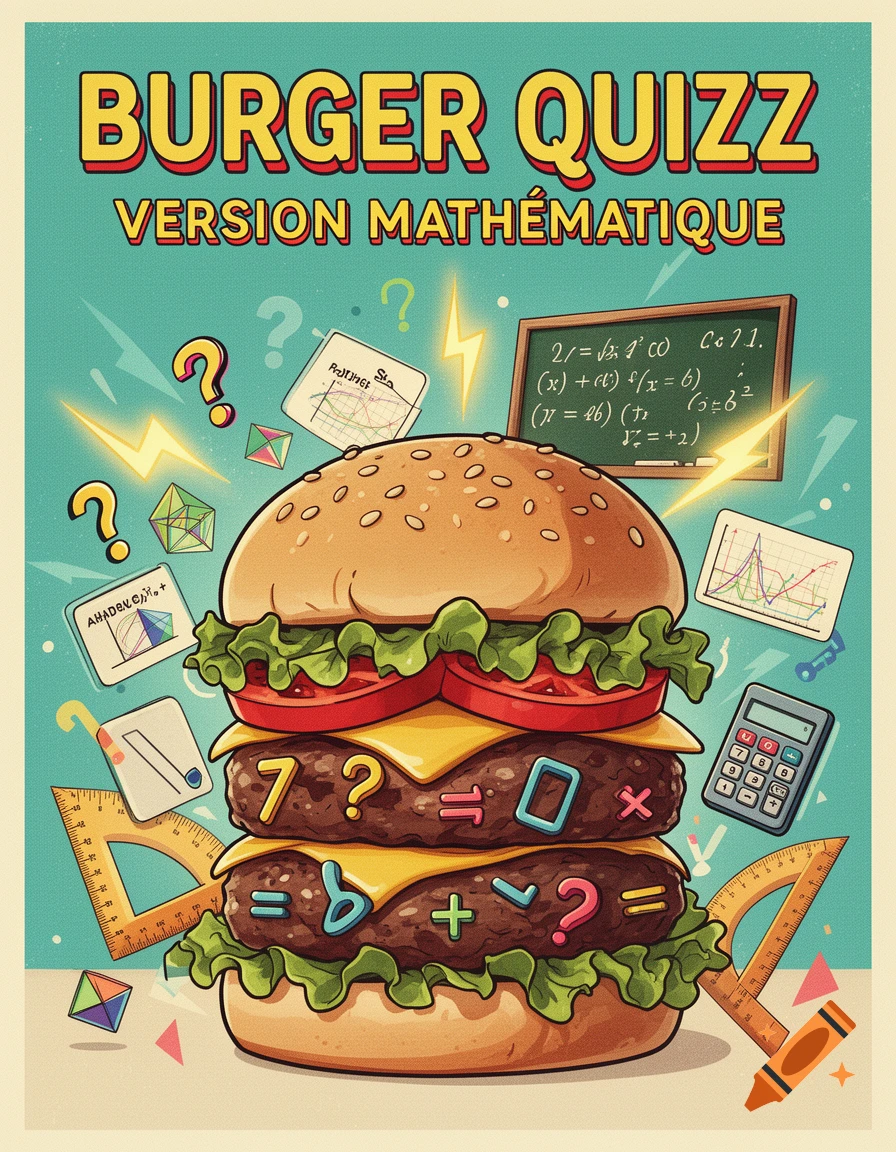 Retro style poster of a double cheeseburger with math symbols, equations, and school supplies.