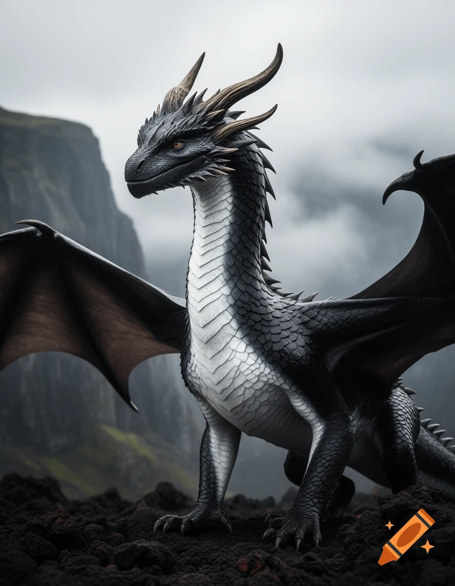 Photorealistic black and white Valyrian dragon standing on dark rocky ground against a misty, mountainous background.