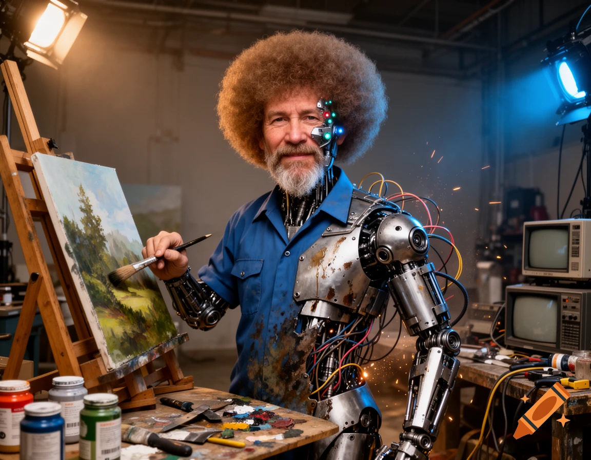 Photorealistic portrait of Bob Ross as a cyborg with a robotic arm and half-mechanical face, painting on an easel in a workshop.