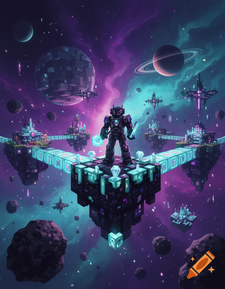 An astronaut standing on a glowing pixelated platform in space surrounded by floating islands, planets, and nebulas.