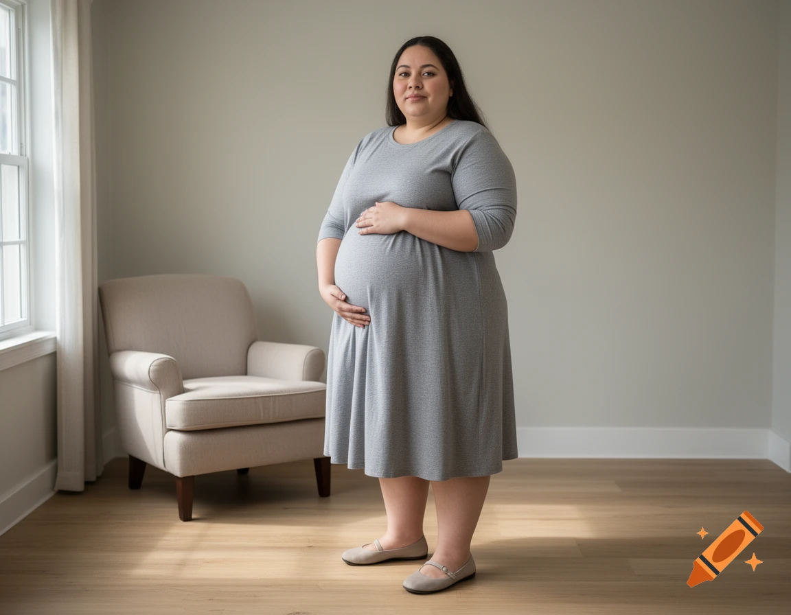Photorealistic full-body portrait of a pregnant woman in a gray dress standing in a brightly lit room with a beige armchair.