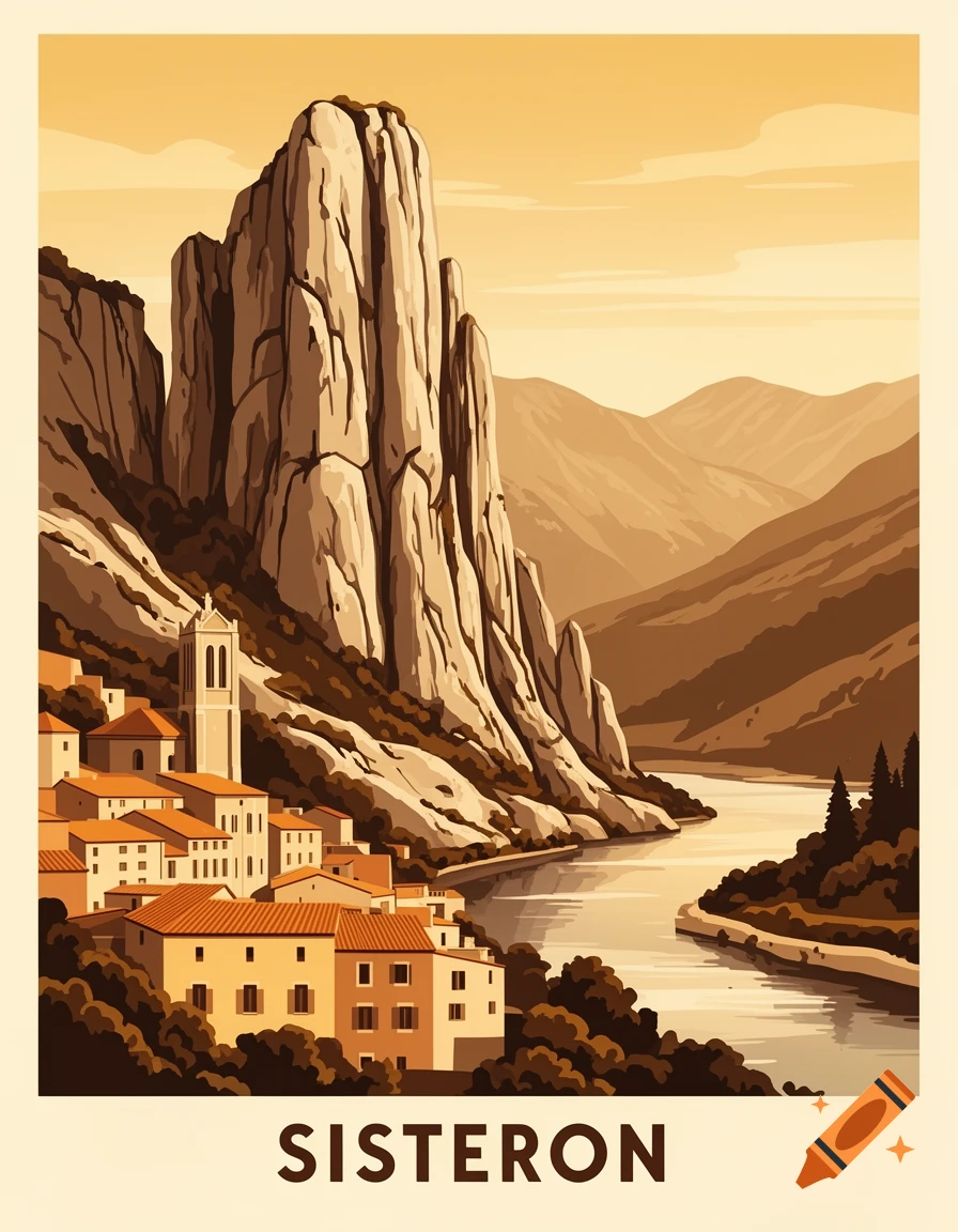 Vintage travel poster of Sisteron, France, featuring the Rocher de la Baume cliff, a river, and houses in flat vector design style.
