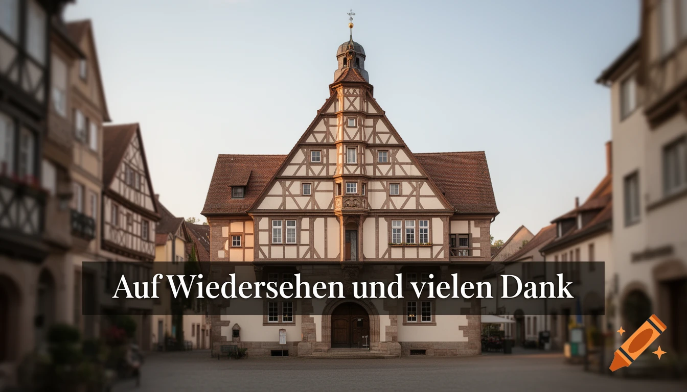 Header image showing the historic timber-framed Rathaus Markgröningen with the text 'Auf Wiedersehen und vielen Dank'.