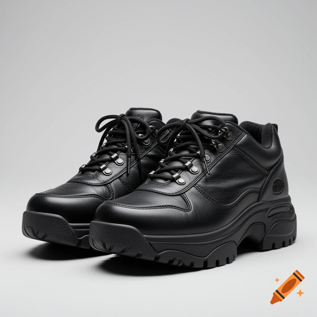 Photorealistic product shot of a pair of black leather platform boots with chunky soles and black laces against a grey background.