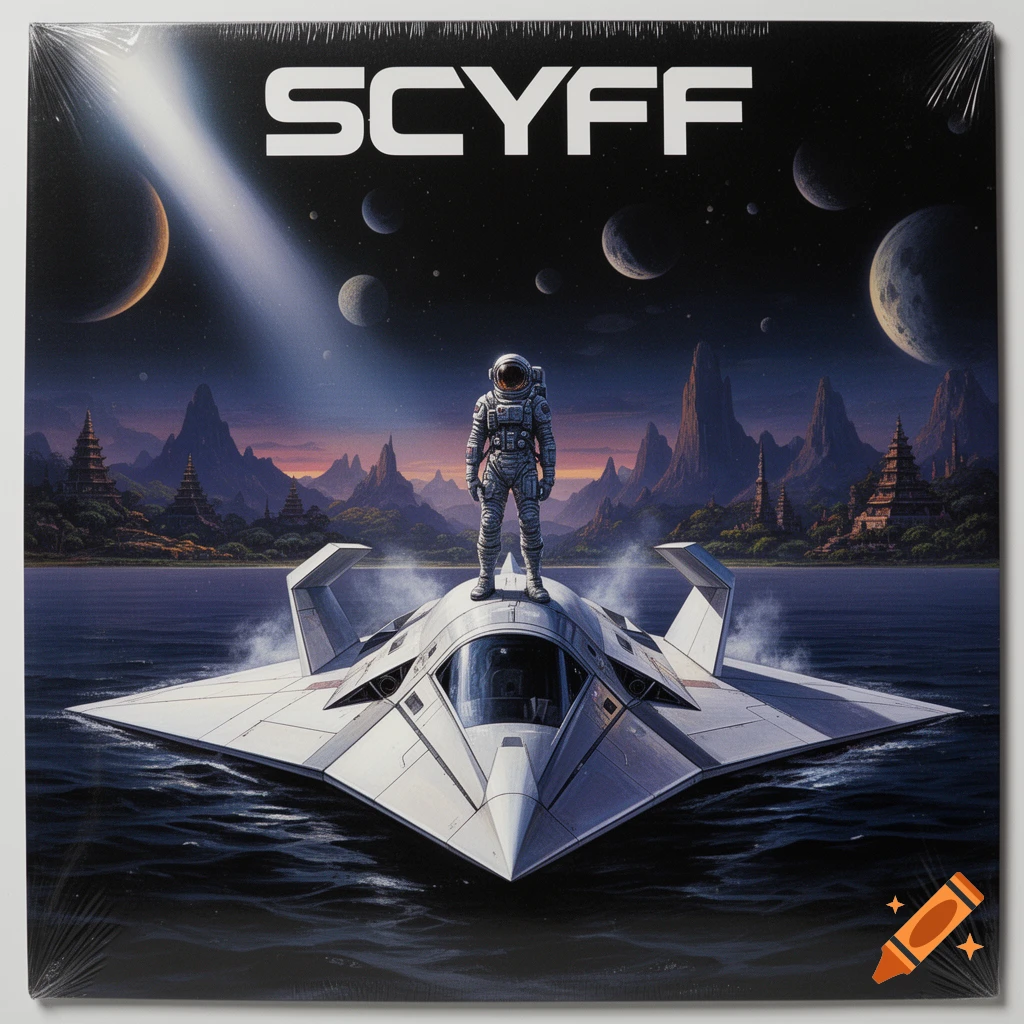 Vinyl LP album cover featuring an astronaut standing on a futuristic white spacecraft in an alien ocean, with moons and temples in the background.