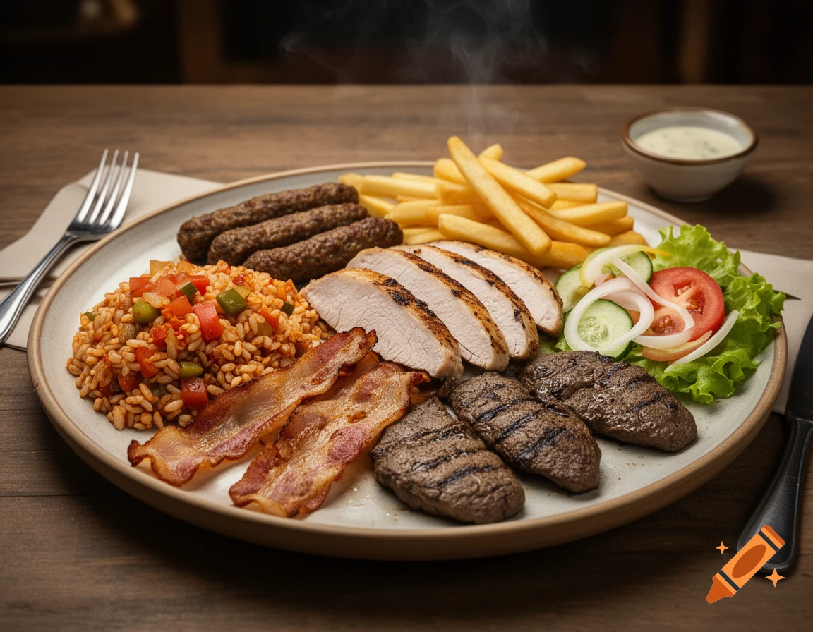 Photorealistic platter of mixed grilled meats, sausages, french fries, seasoned rice, salad, and a bowl of sauce on a wooden table.