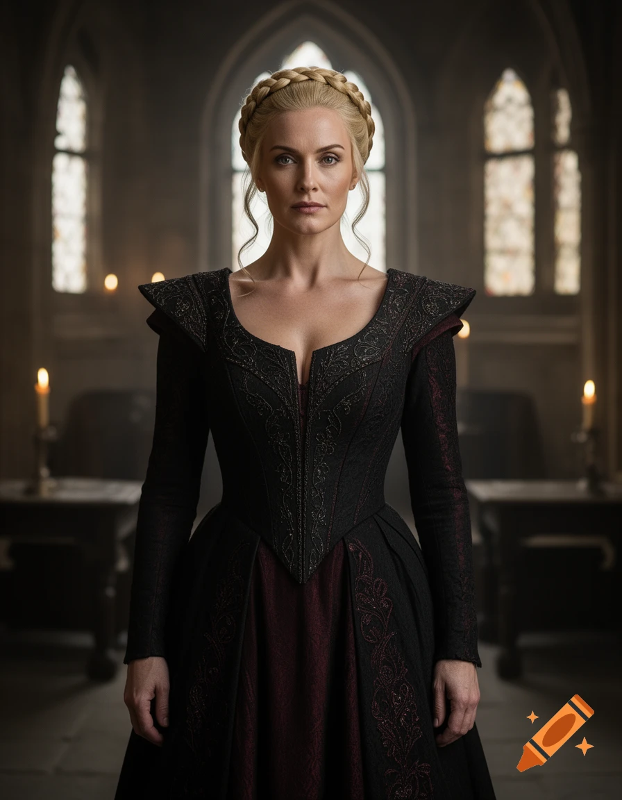 Photorealistic portrait of a blonde woman in a medieval dark gown with braided hair standing in a dimly lit cathedral.