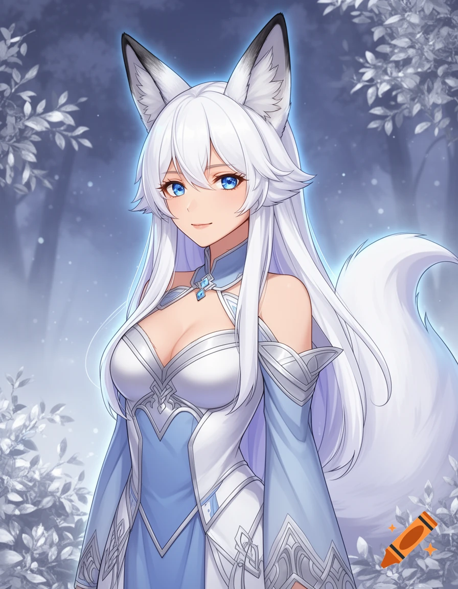 Anime style illustration of a white-haired fox-girl with blue eyes in a fantasy dress against a forest background.