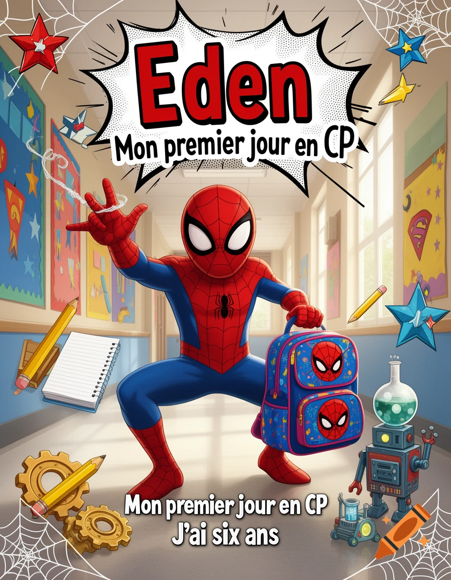 Spiderman cartoon style in a school hallway holding a blue backpack with text saying Eden Mon premier jour en CP.