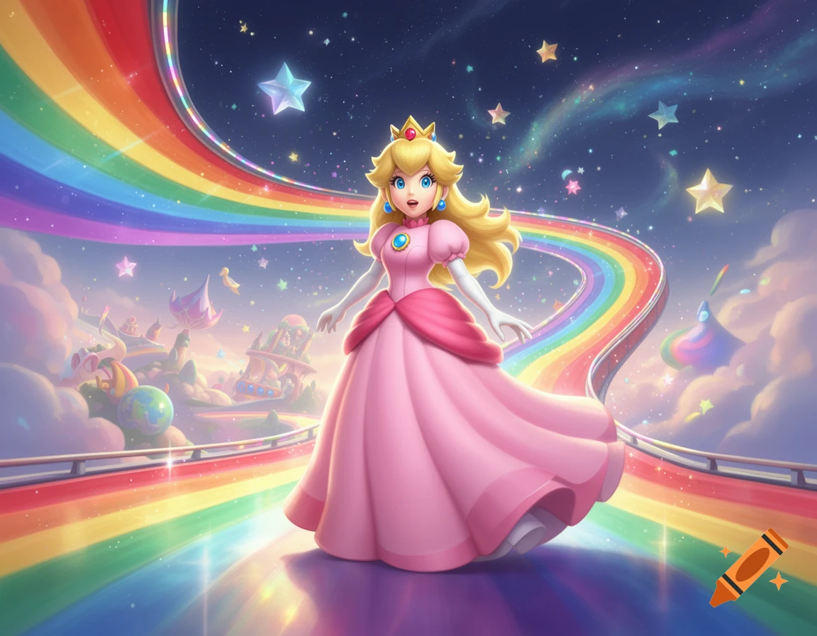 Princess Peach standing on a vibrant rainbow road in a starry sky with clouds and fantastical castles, digital art style.