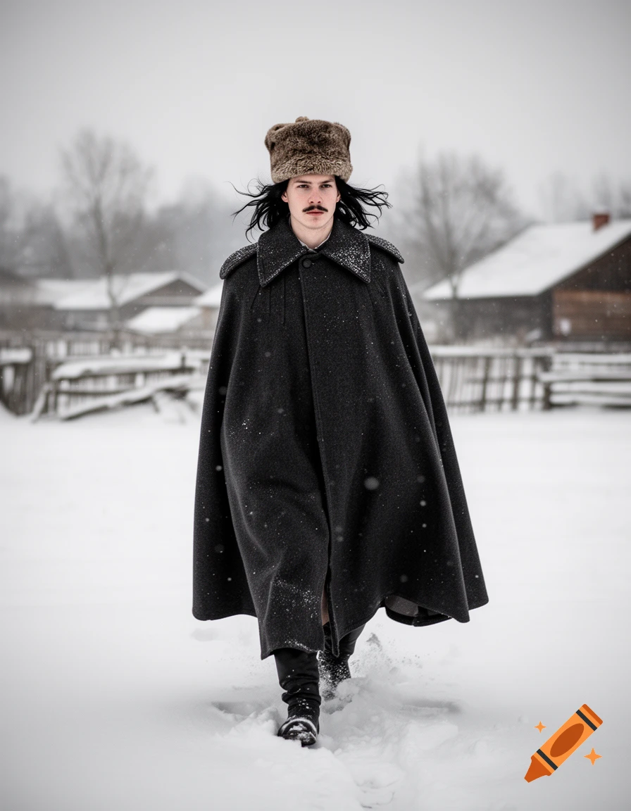 Photorealistic shot of a young man with long dark hair and a mustache wearing a fur hat and a dark wool cape, walking through snow.