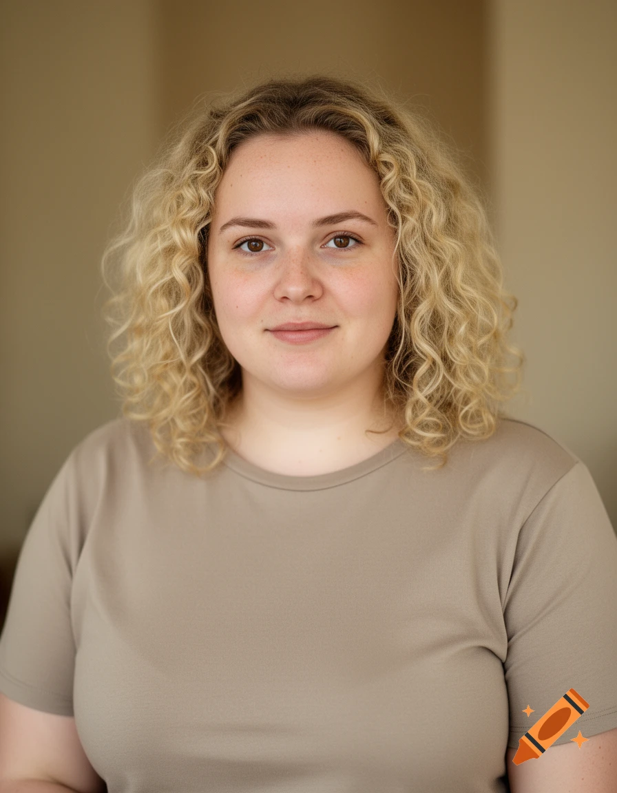 Photorealistic portrait of a young woman with curly blonde hair and brown eyes, wearing a beige t-shirt.